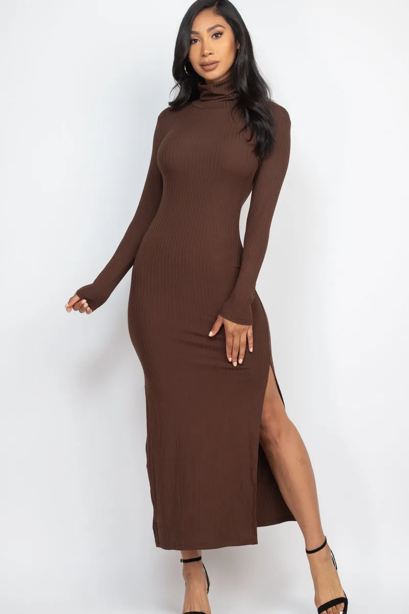 Ribbed Turtle Neck Side Slit Maxi Dress