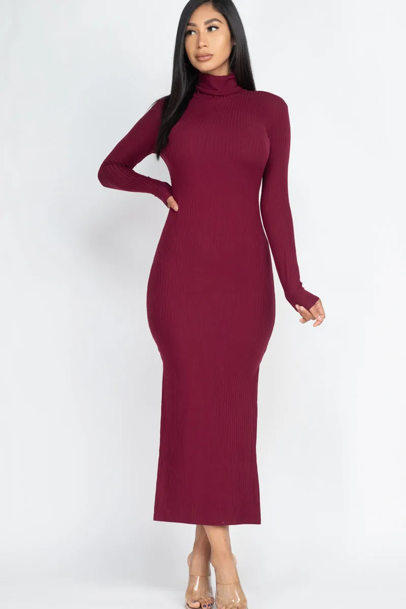 Ribbed Turtle Neck Side Slit Maxi Dress