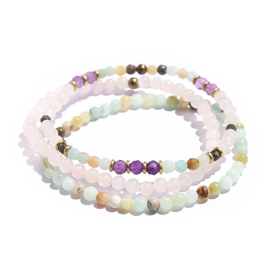 Rose Quartz, Amazonite, and Amethyst Bracelet Set