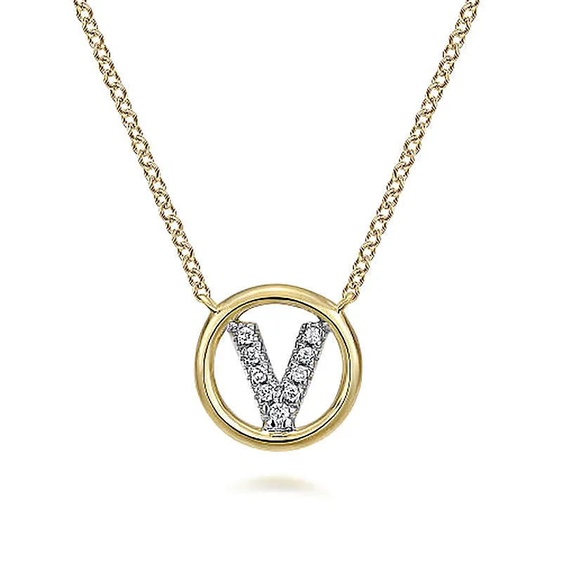 Round Pavé Initial V Pendant Necklace