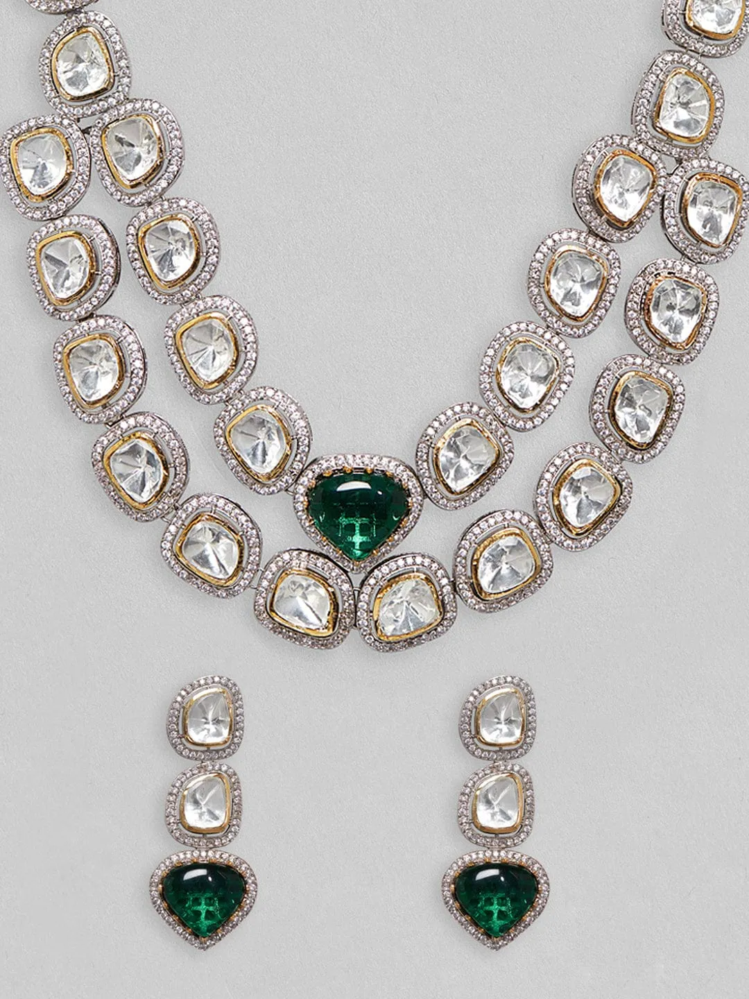 Rubans Dual Tone Polki Layered Necklace Set With Emerald Green Stone.