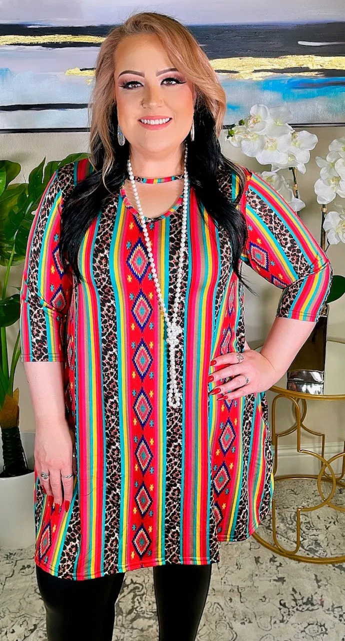 S-M-L : Red Tribal & Leopard Flutter Tunic Dress