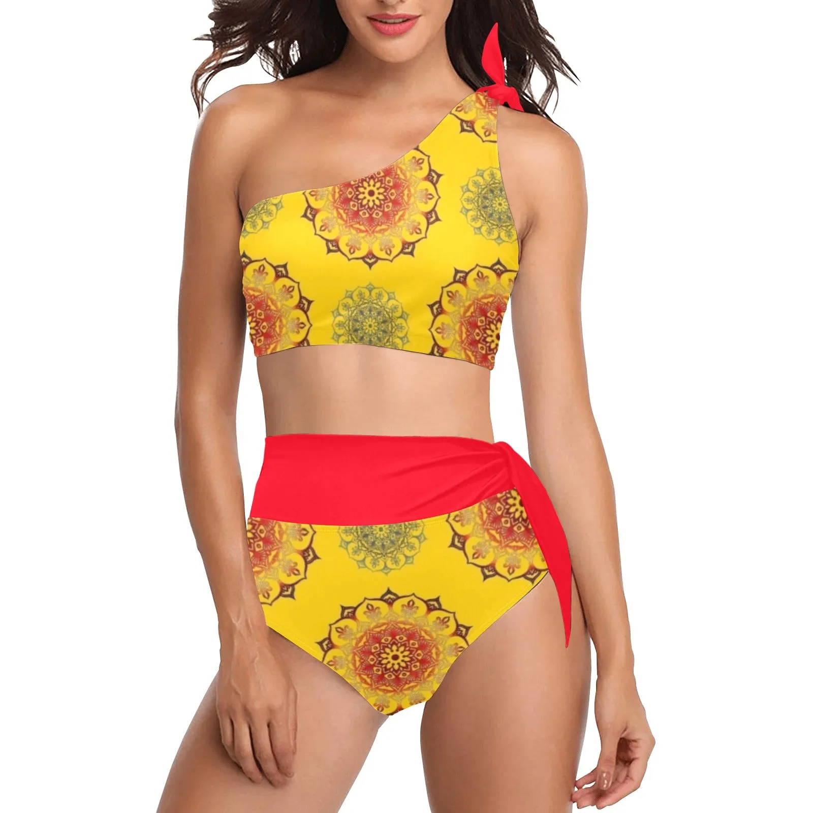 scarlet flame print 2 High Waisted One Shoulder Bikini Set (Model S16)