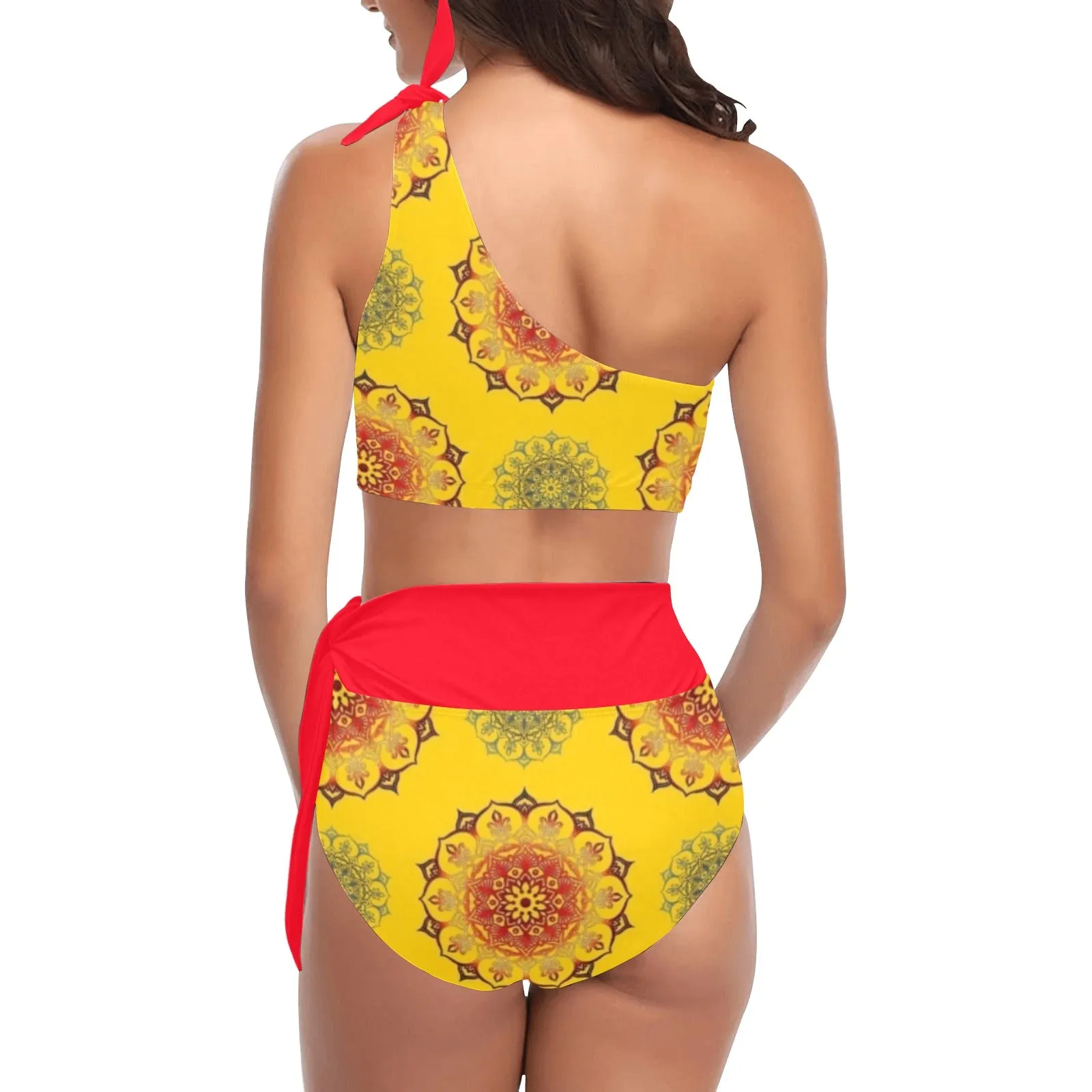 scarlet flame print 2 High Waisted One Shoulder Bikini Set (Model S16)