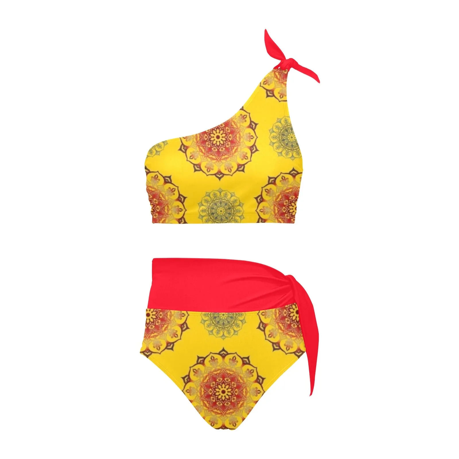 scarlet flame print 2 High Waisted One Shoulder Bikini Set (Model S16)