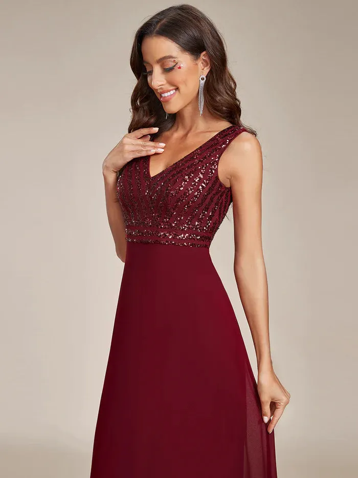 Sleeveless V Neck Sequin & Chiffon Bridesmaid Dress