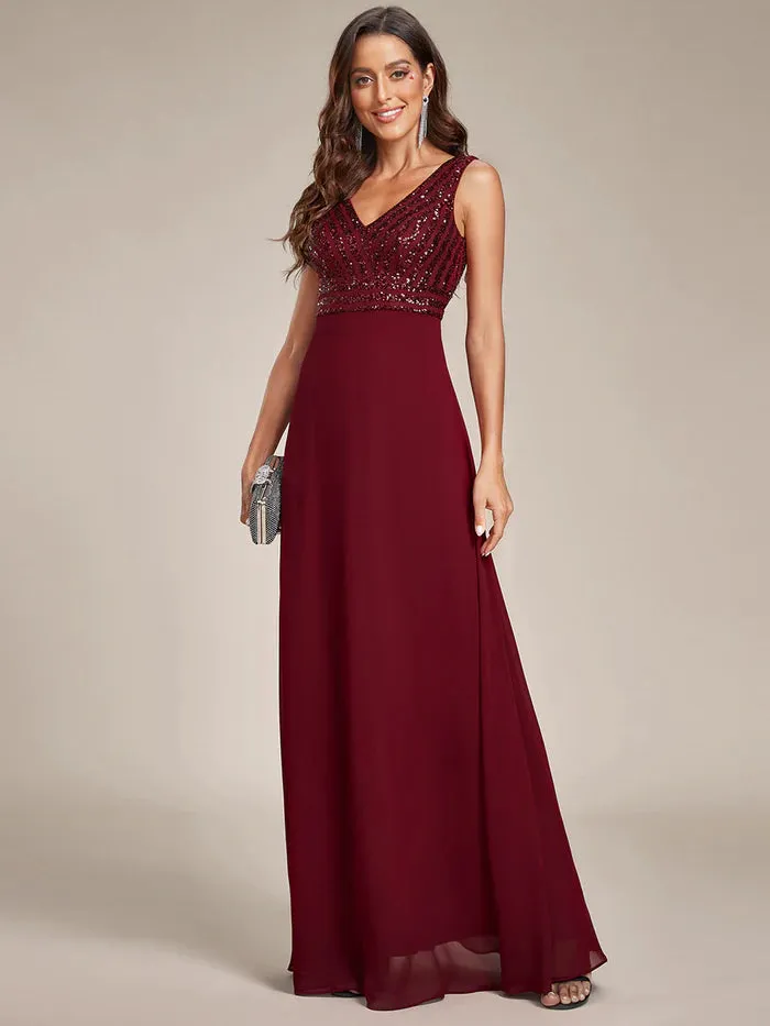 Sleeveless V Neck Sequin & Chiffon Bridesmaid Dress