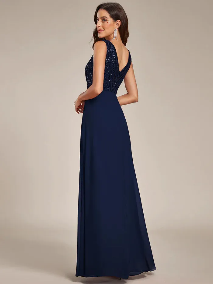 Sleeveless V Neck Sequin & Chiffon Bridesmaid Dress