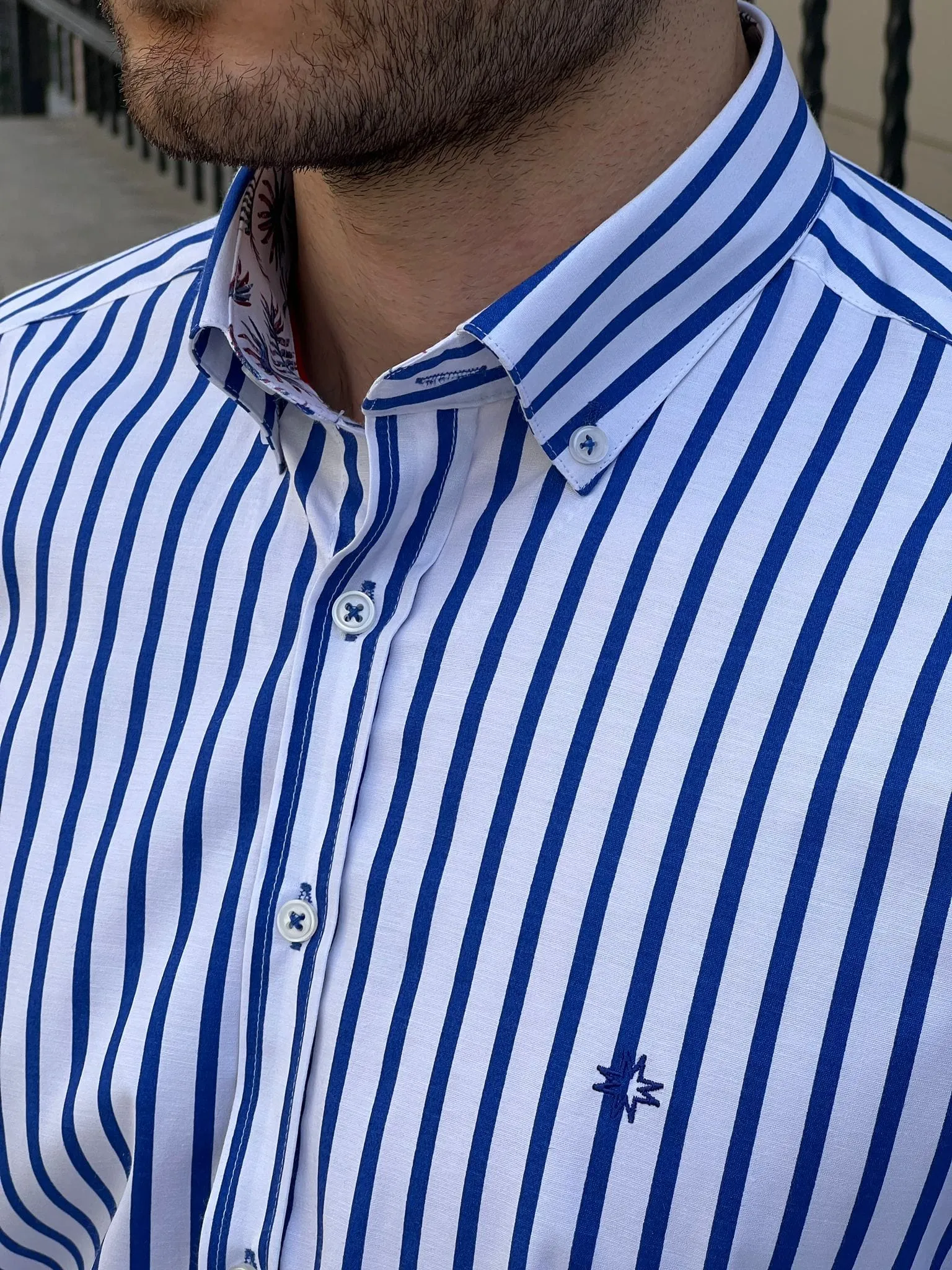 Slim Fit Striped Cotton White & Sax Shirt