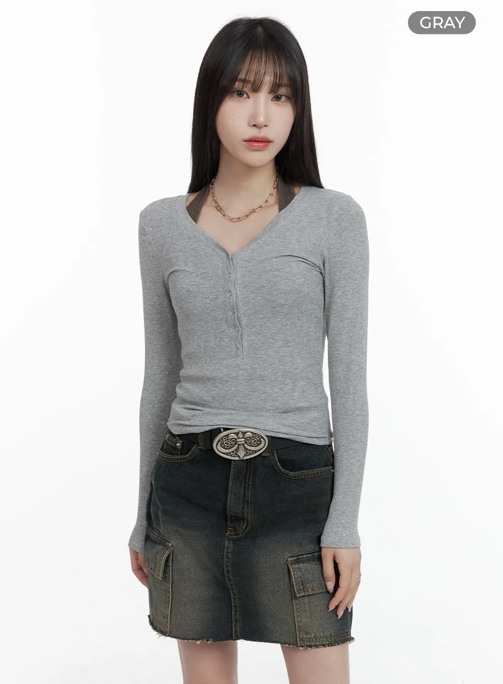 Solid Quarter Buttoned Long Sleeve CA402