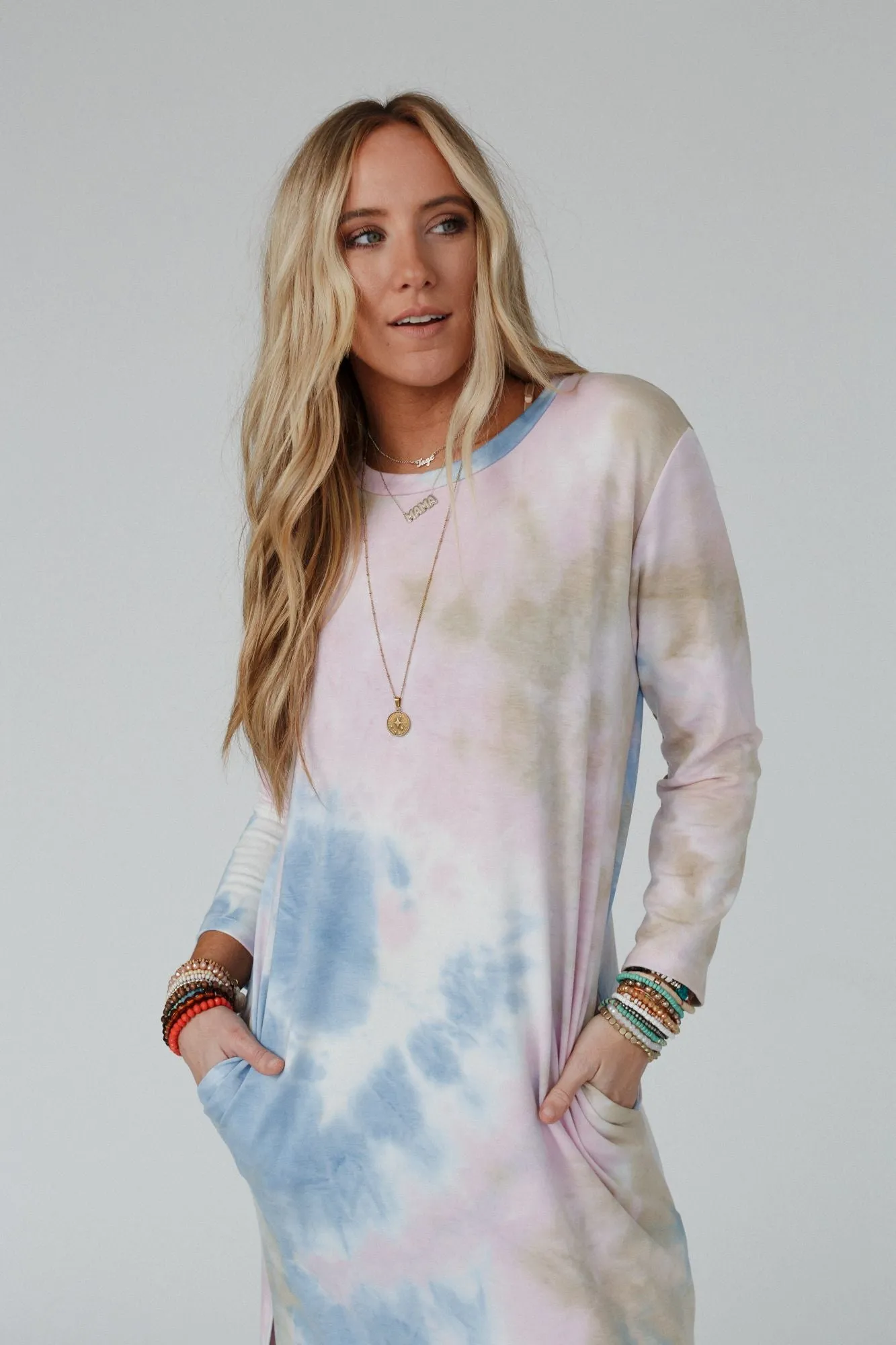 Soul Shine Pocketed Tie Dye Midi Dress - Lavender Taupe