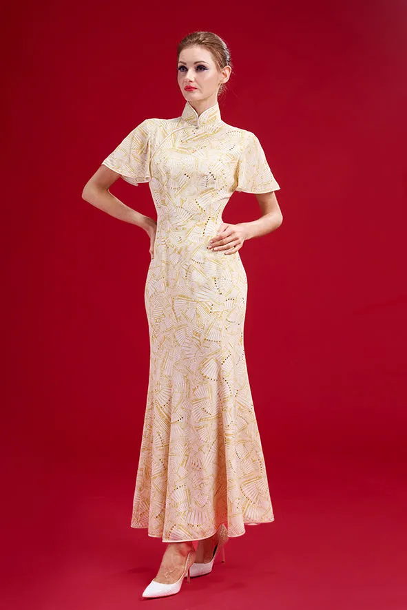 SPARKLE BY KAREN CHAN x  HK Heritage Museum【JUNK PARTY】100% Silk Cheongsam Wedding Gown  (Butterfly Sleeve / Regular Fit) (帆船) (嫁囍金紅)