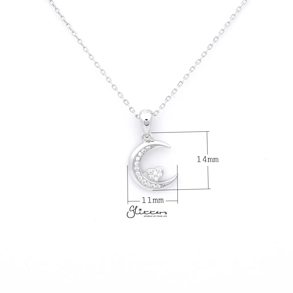 Sterling Silver CZ Paved Moon with CZ Heart in the Middle Women's Necklace