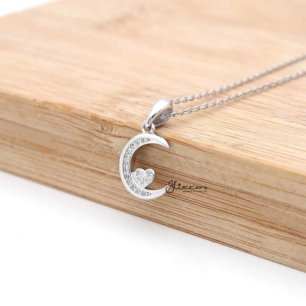 Sterling Silver CZ Paved Moon with CZ Heart in the Middle Women's Necklace