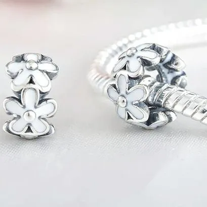 Sterling Silver Pandora Style White Daisy Spacer Charm