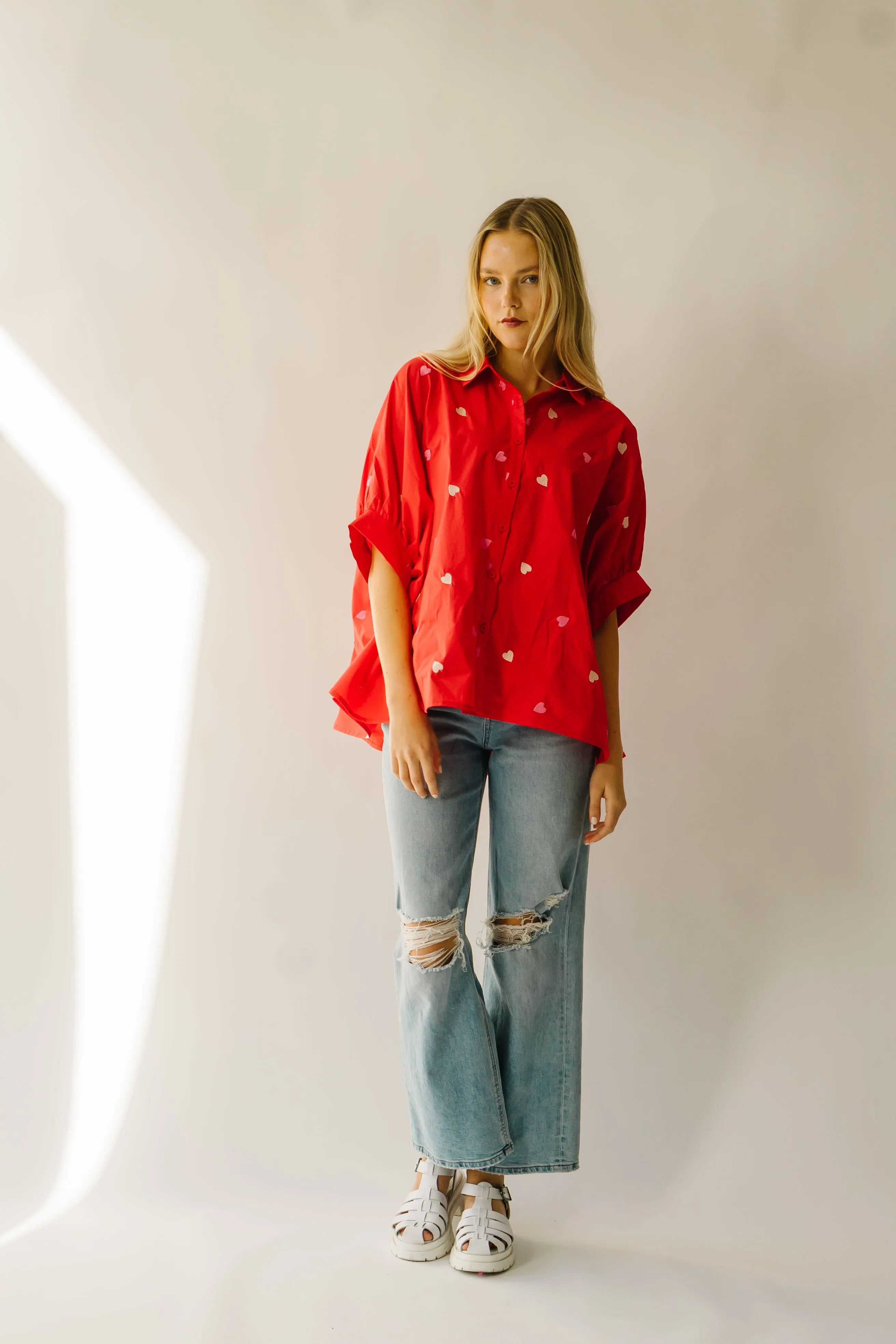 The Patoka Heart Embroidered Poplin Blouse in Red