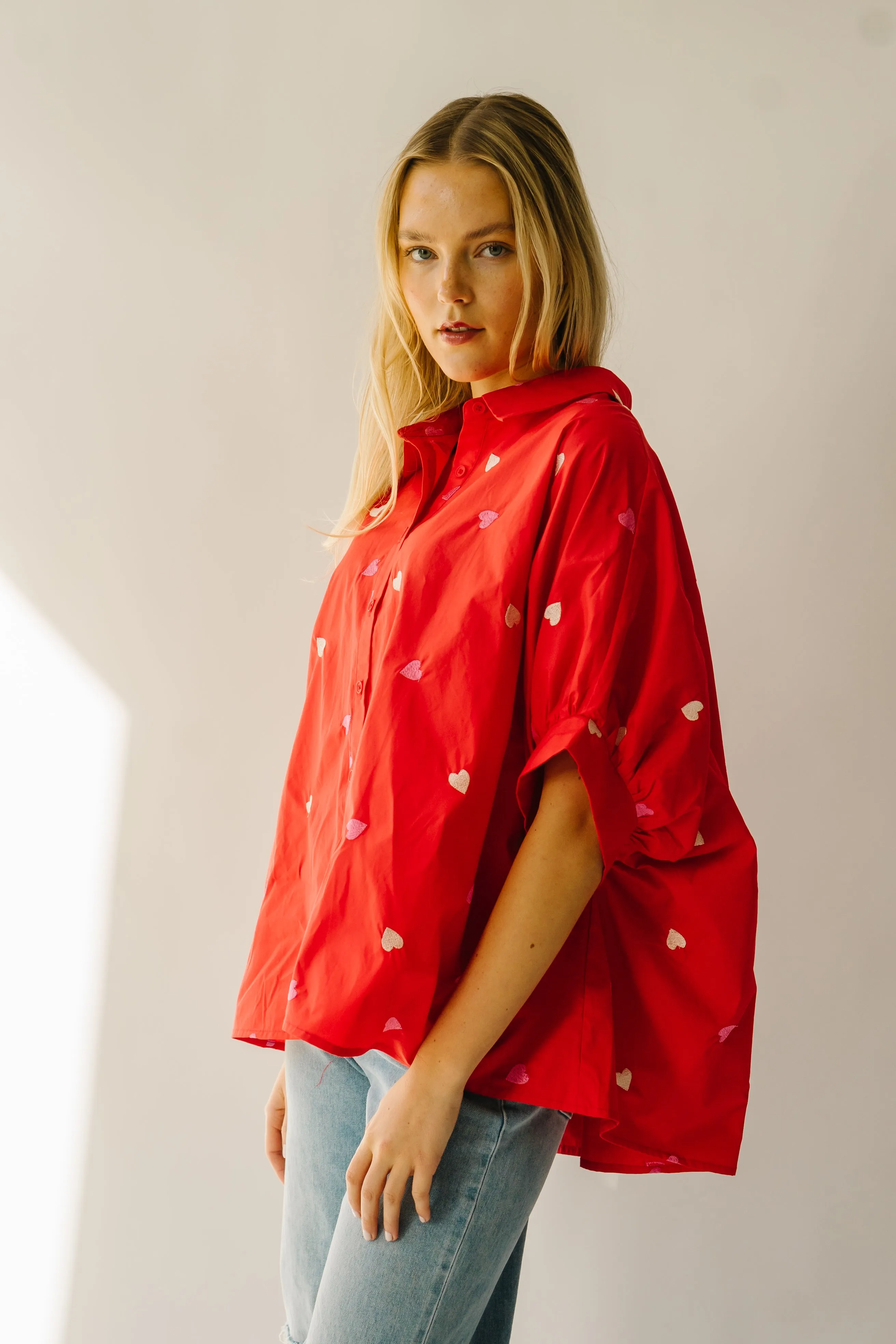 The Patoka Heart Embroidered Poplin Blouse in Red