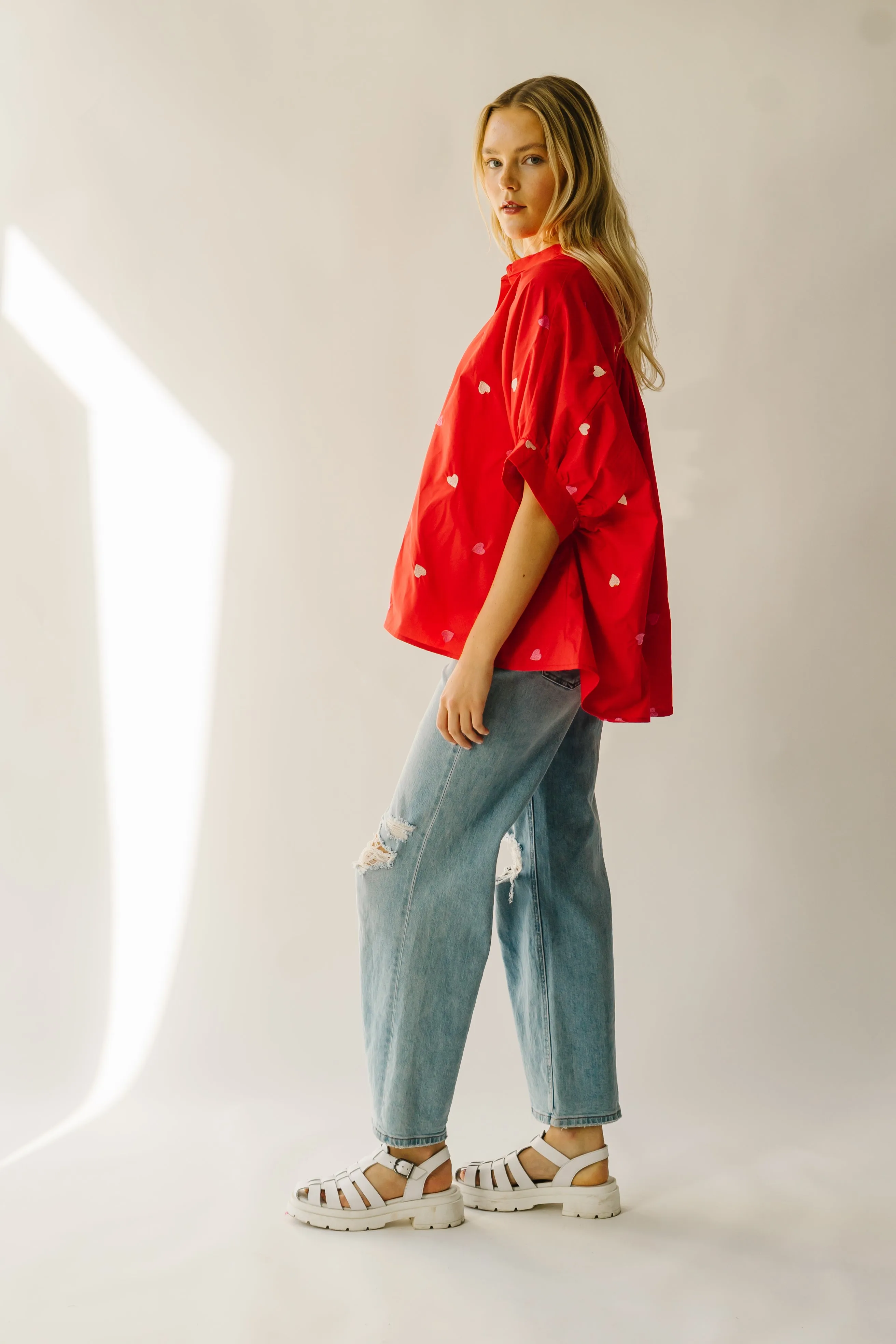 The Patoka Heart Embroidered Poplin Blouse in Red