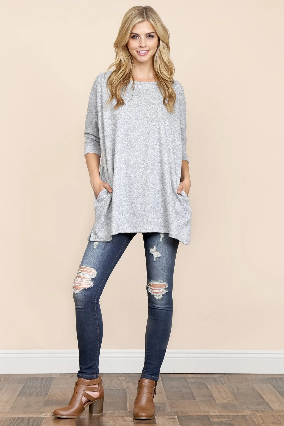 Two Tone Hacci Oversized Dropped Shoulder Pocket Tunic