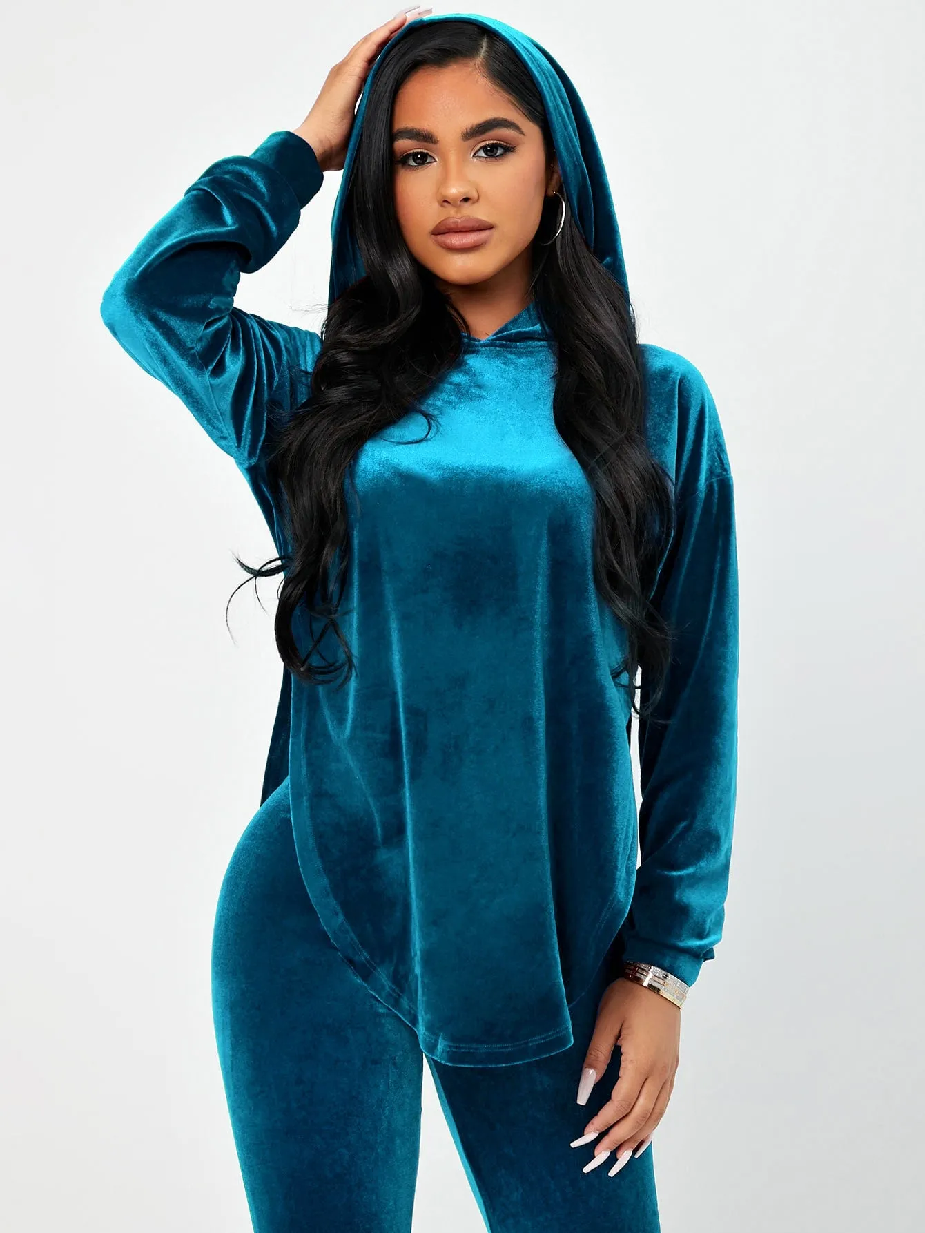 Velvet Drop Shoulder Hoodie Pants Set