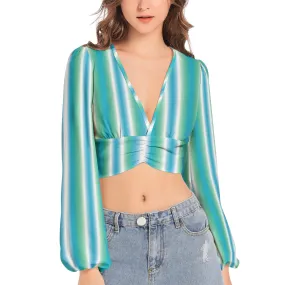 Women's Deep V-Neck Lantern Sleeve Crop Top