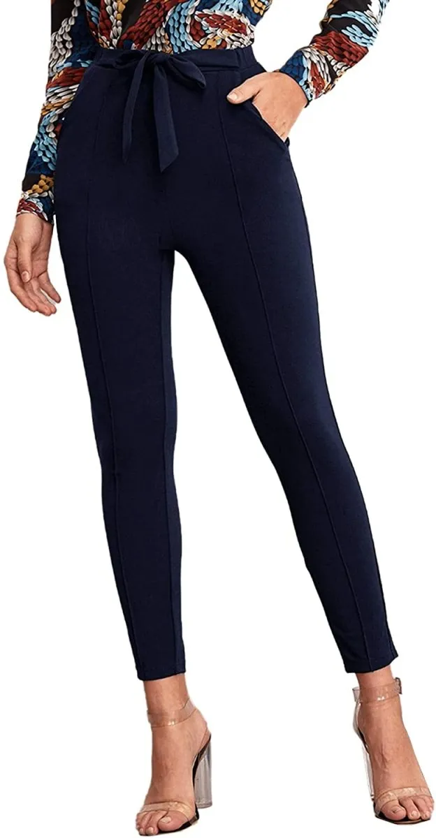 Women's Stretchy Workwear Office Skinny Pants with Belt