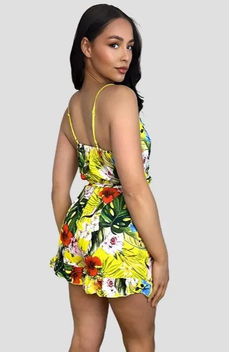 Yellow Floral Print Frilled Hem Playsuit